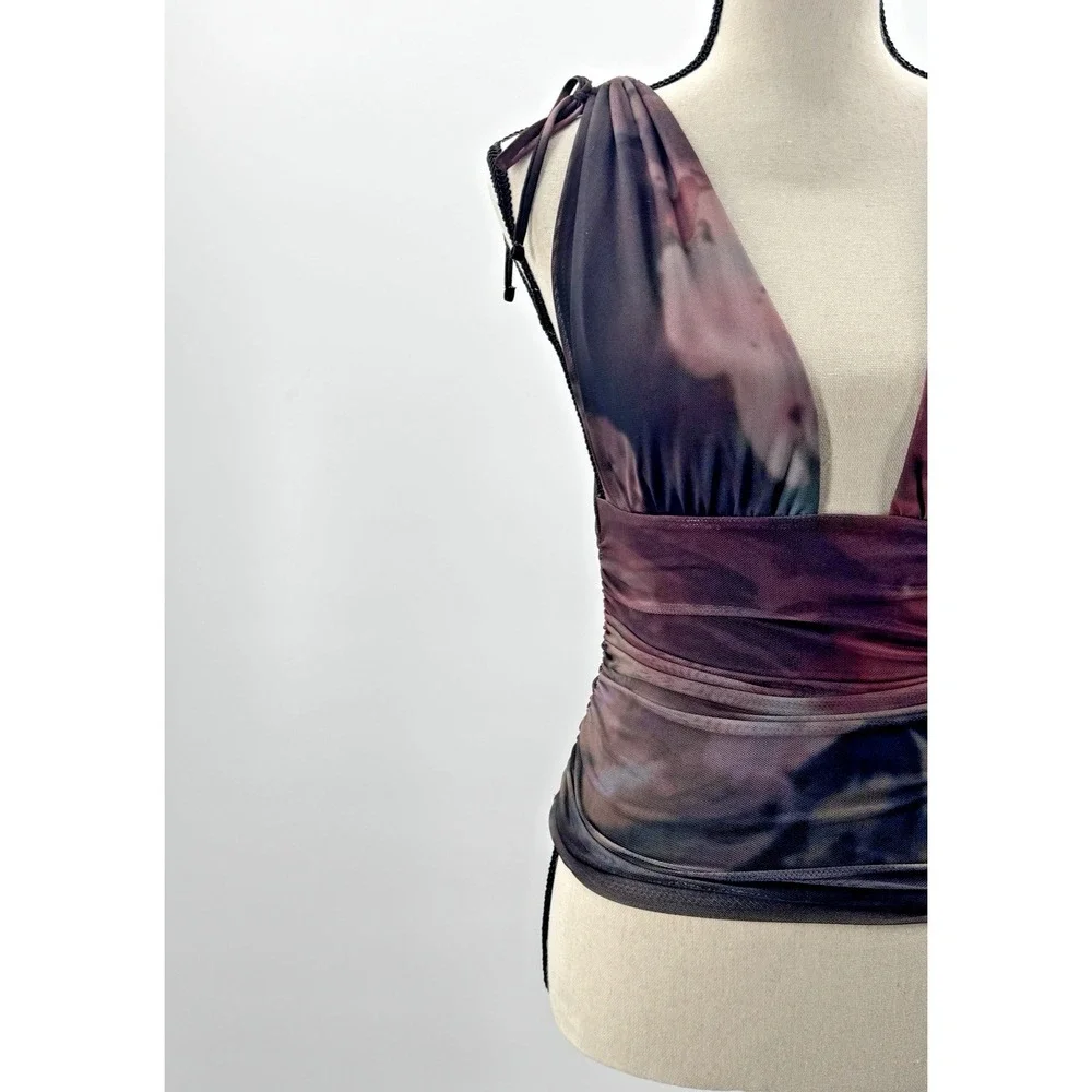 Whimsigoth Windsor Mesh Deep V Ruched Top Small Tie Straps Dark Fairy Romantic - Picture 2 of 8